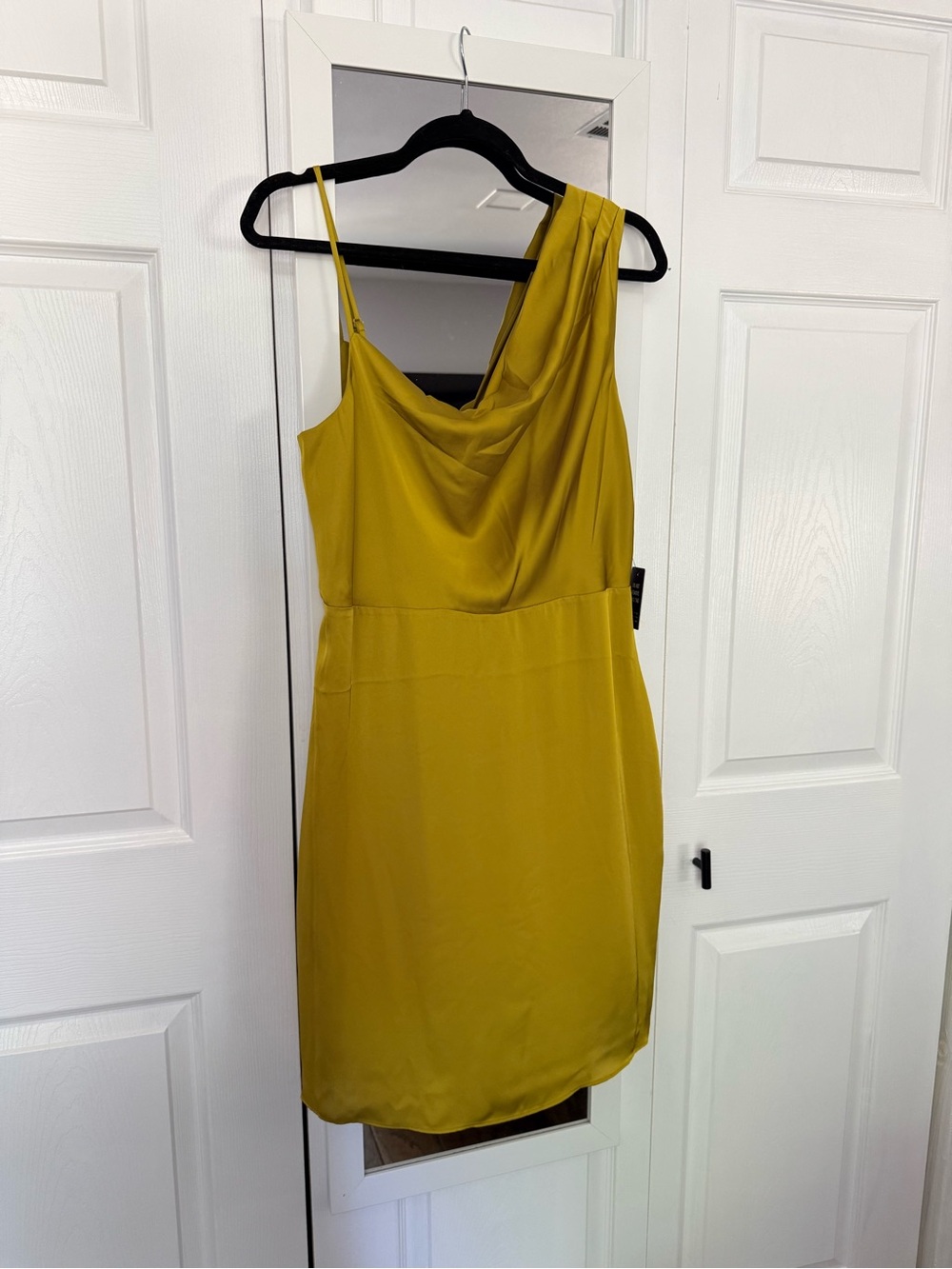 Express One-Shoulder Cowl Mini Dress in Mustard